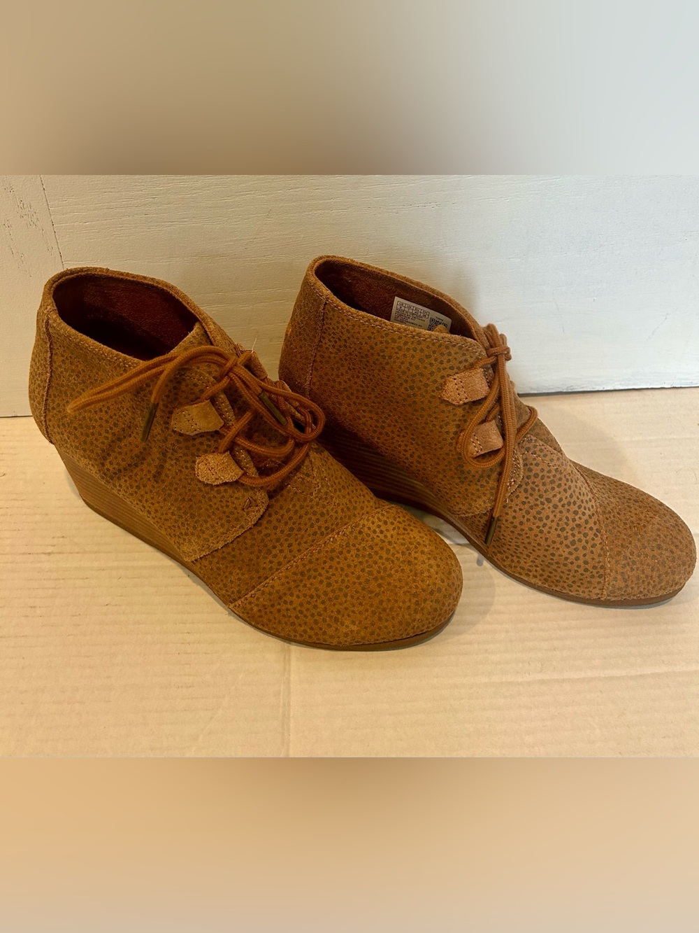 Toms Tan Suede Lace-Up Wedge Ankle Booties